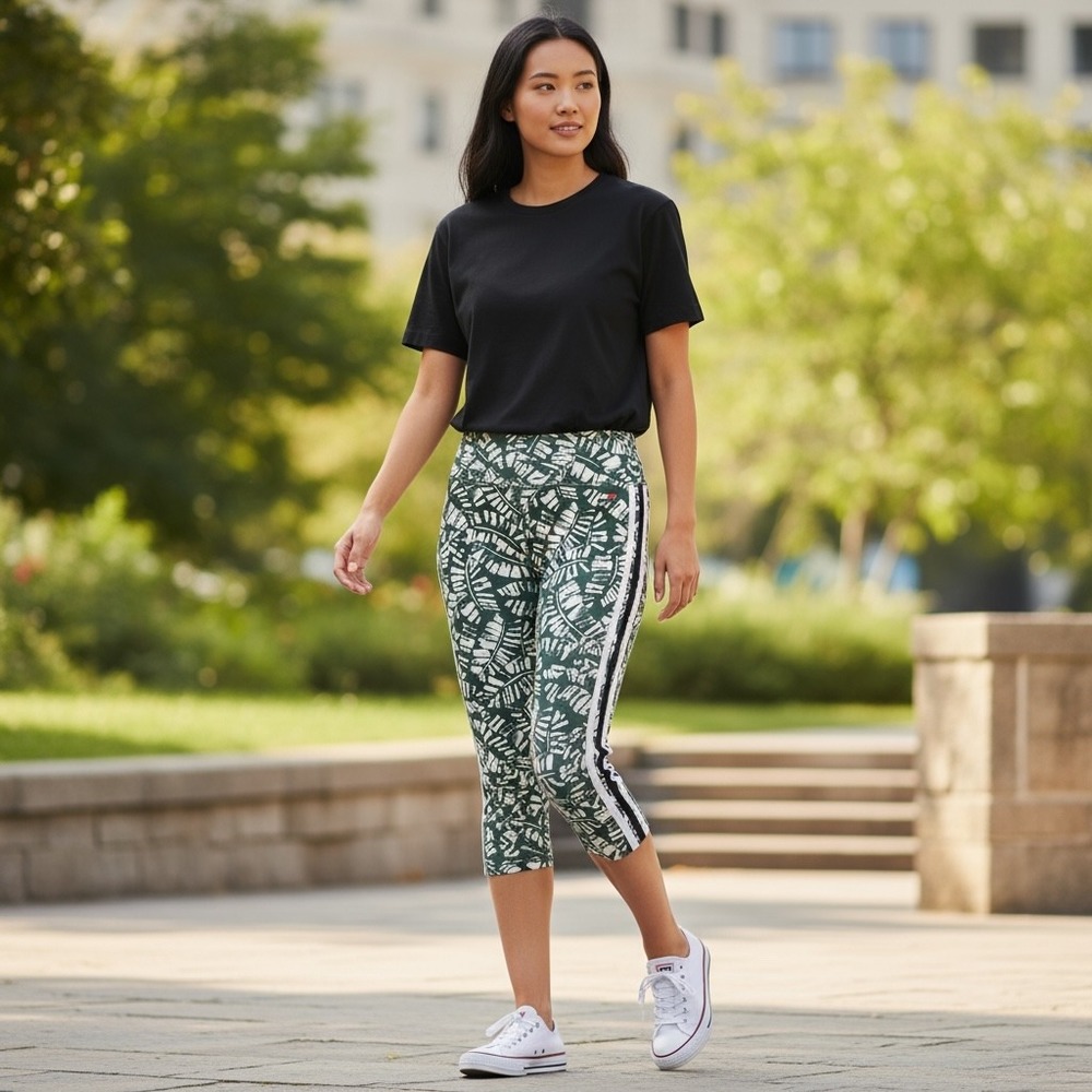 Tommy Hilfiger Sport Women Green White Leaf Print Athletic Capri Leggings M‎